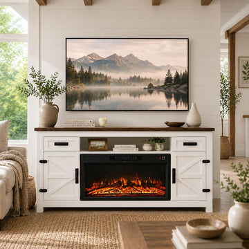 Farmhouse Fireplace TV Stand with Barn Door, 70 inch, White