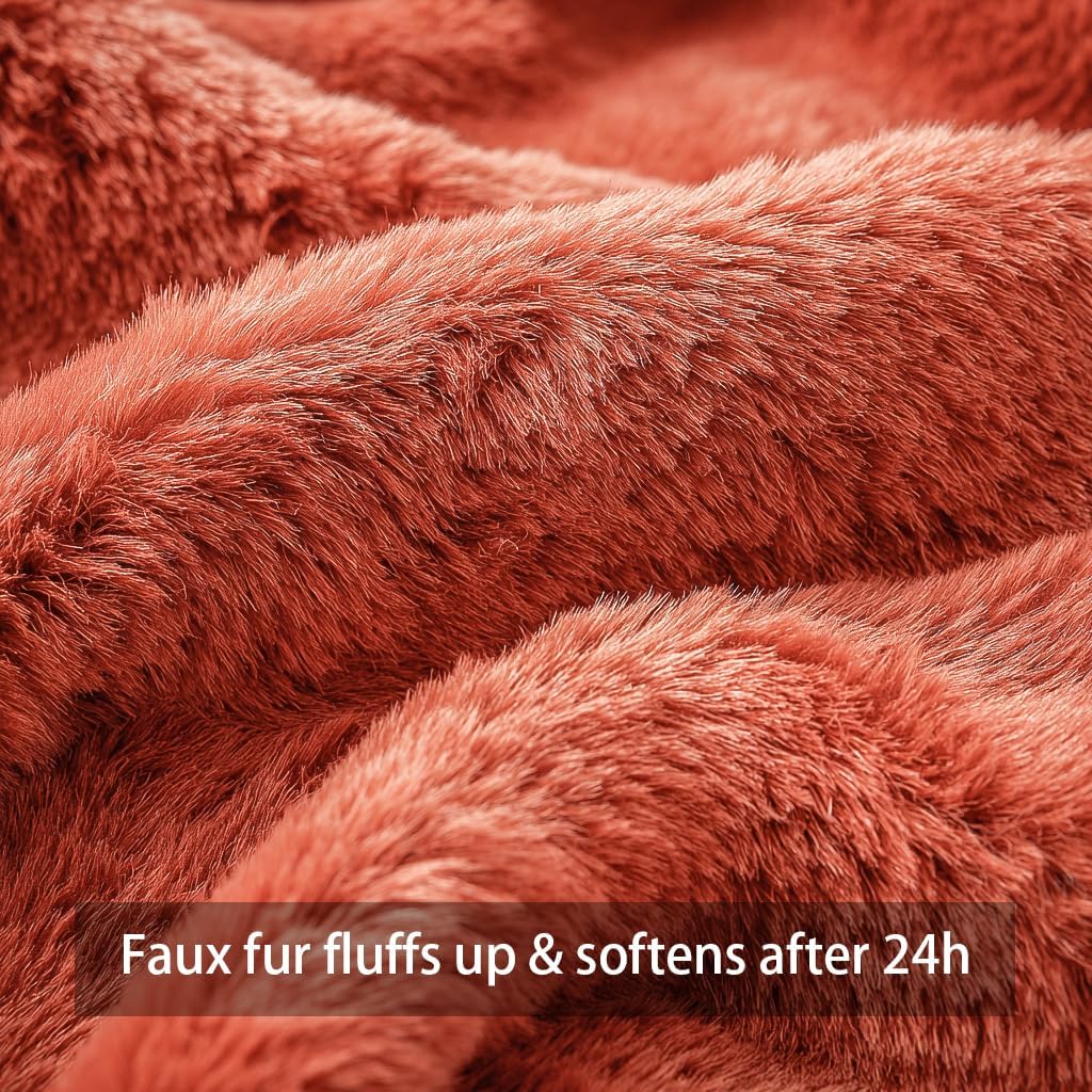 Fall Pumpkins Decorative Pillow Covers 20x20 Set of 2, Dark Rust Red Soft Plush Faux Fur Wool Farmhouse Throw Cushion
