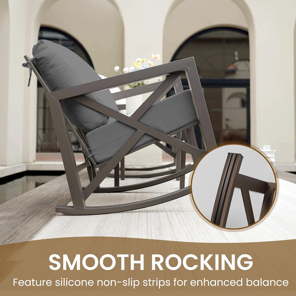 Rocking Chair Outdoor Set 2 w/Coffee Table, 3 Pc Metal Bistro Set | Metal Rocking 6.5" Water-Resistant Cushions