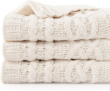Cream White Ivory Throw Blanket, 51x 67 Inch, Woven Chenille Knit Throw Blanket for Chair, Super Soft Warm Decorative