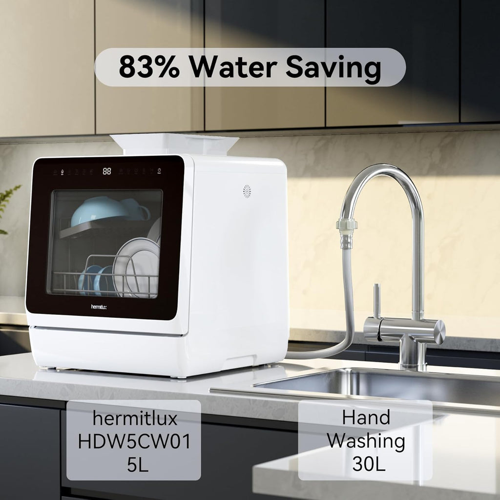 Countertop Dishwasher, 7 Washing Programs Portable Mini Dishwasher with 5-Liter Built-in Water Tank for Apartments & RVs, LED Light, Glass Door, No Hookup Needed