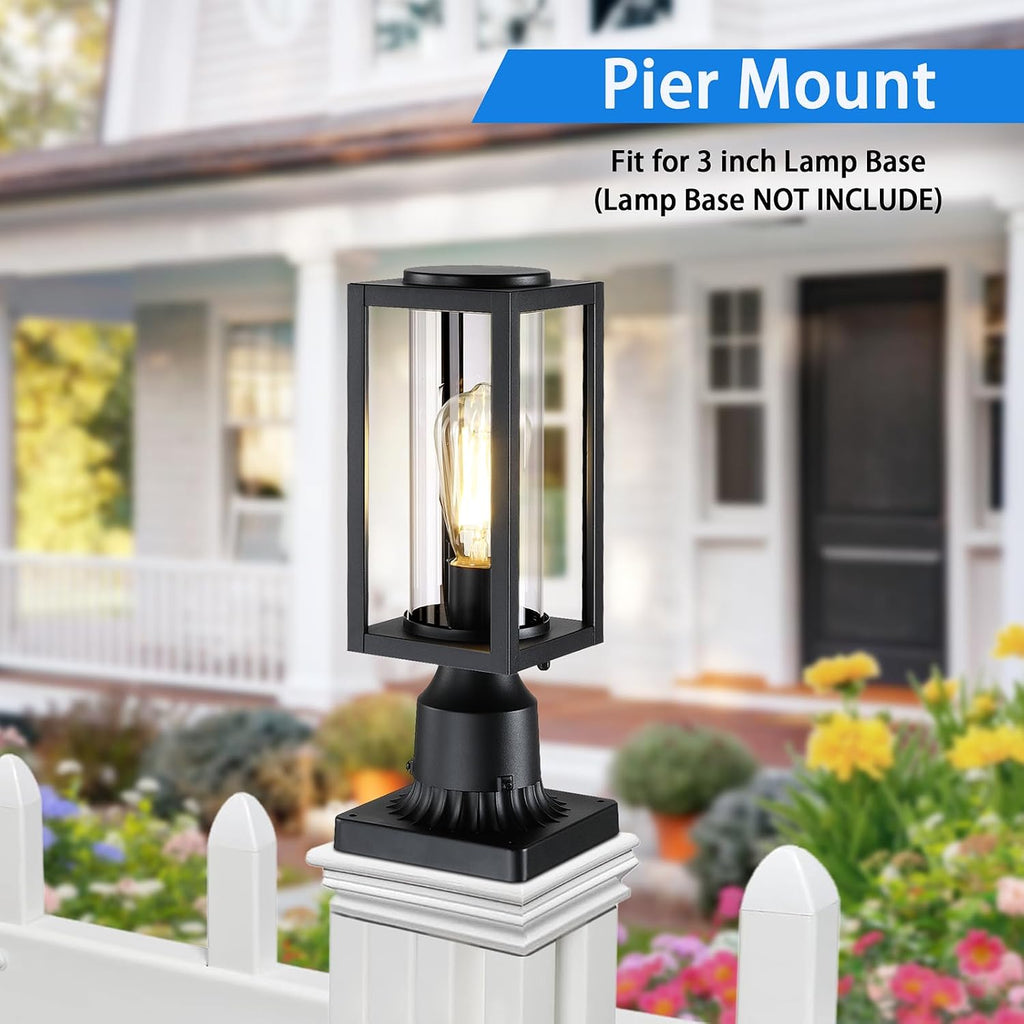 Outdoor Post Lights Lamp Post Light Fixture 2 Pack, Modern Black Exterior Post Lantern Fixture with Tempered Glass