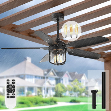 52 inch Outdoor Ceiling Fans with Lights for Patios, IP65 Waterproof Ceiling Fan with Remote and 6-Speed DC Motor, Gazebo Ceiling Fan for Porch Pavilion Farmhouse Black (Included 3pcs Bulb)