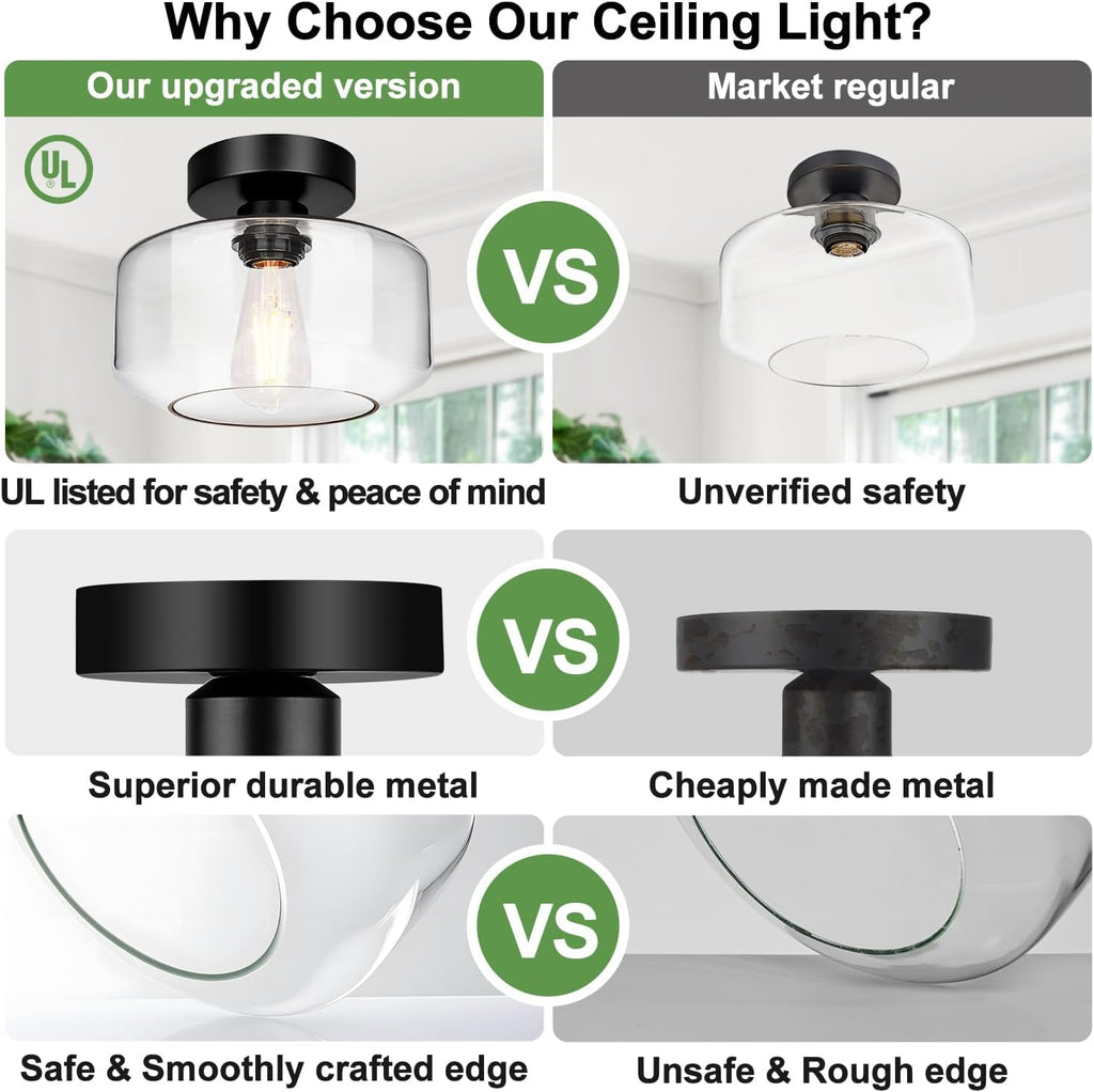 Industrial Semi Flush Mount Ceiling Light Black, Clear Glass Shade Ceiling Light Fixture, Farmhouse Light Fixtures