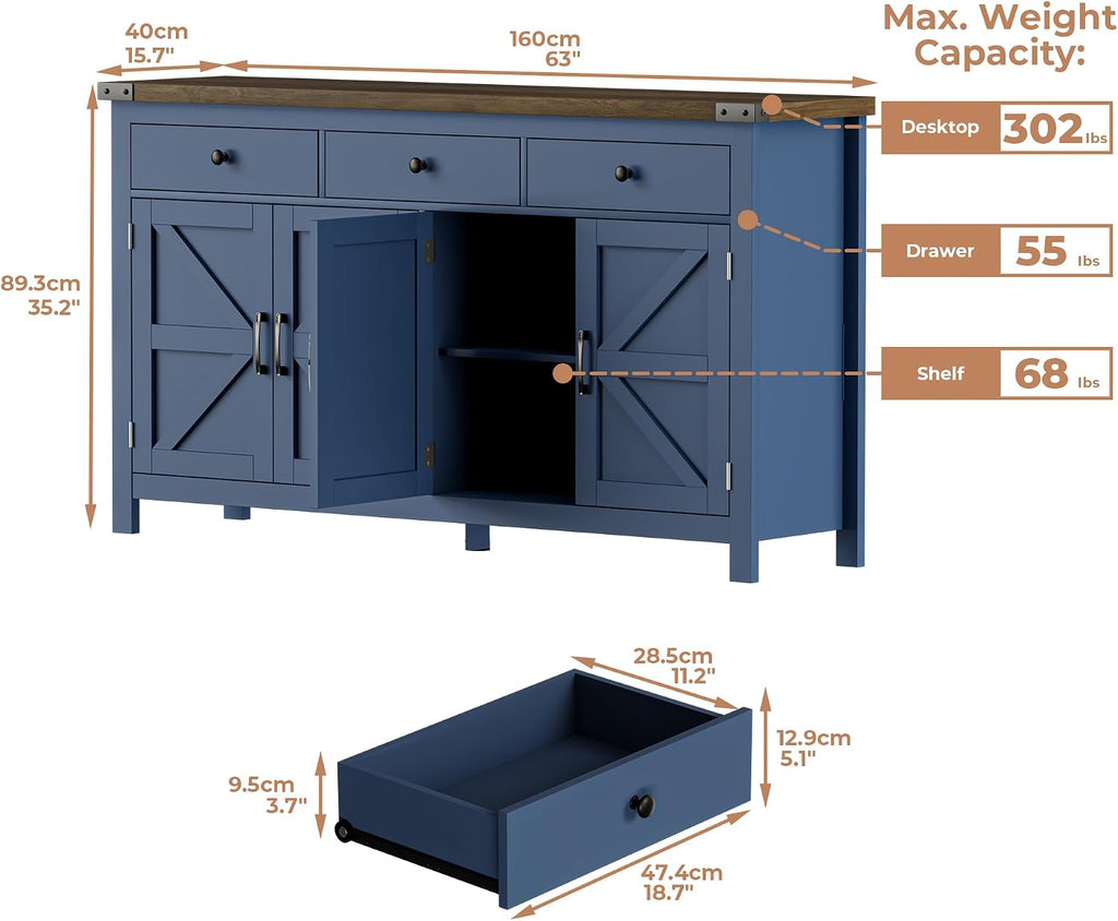 63" Sideboard Buffet Cabinet with Storage, Coffee Bar with 3 Drawers and 4 Barn Doors