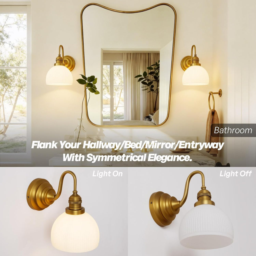 Brass Gold Wall Sconce Vintage Milk Glass Bathroom Vanity Light | Bathroom Wall Sconces,Antique Brass,Thick