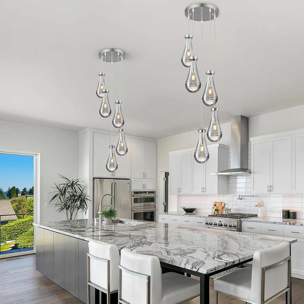 Raindrop Pendant Lights Kitchen Island Teardrop Chrome Hanging Light Fixtures Clear Solid Glass Pendant Light Modern Chandeliers for Dining Room Porch Corridor Living Room (5-Light)