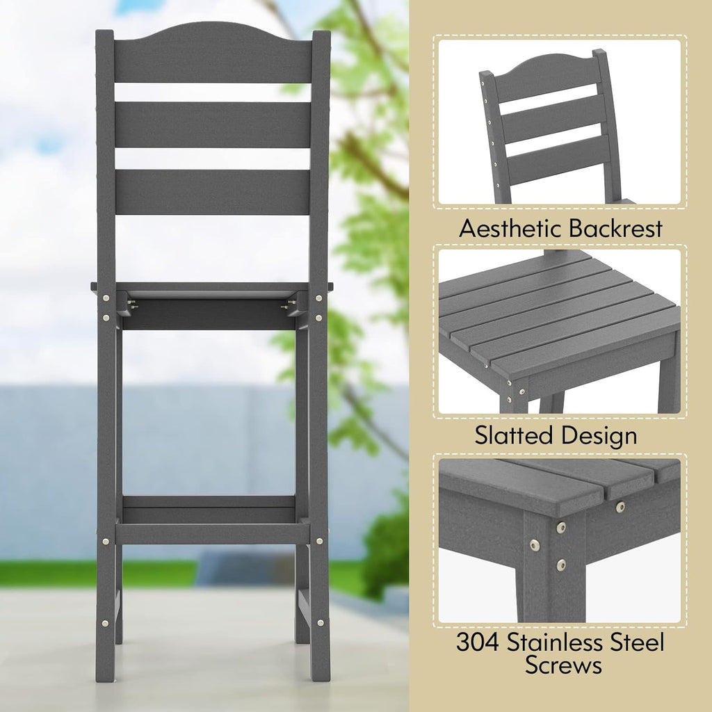 Outdoor HDPE Bar Stool, Patio Tall Bar Chair with Backrest and Footrest, 30 Inches Counter Height Barstools, Weather