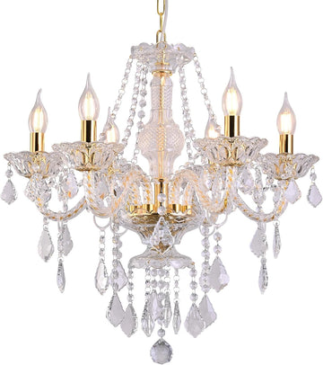 6-Light Adjustable Chain K9 Crystal Chandelier Modern Ceiling Pendant with E12 Base Clear Crystal Design for Dining Living and Bedroom
