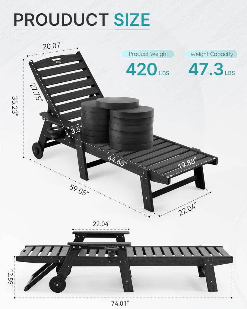 Patio Chaise Lounge Chair Set of 2, Oversize Lounge Chairs with Wood Texture& Rolling Wheels, HDPE 6-Position Plastic