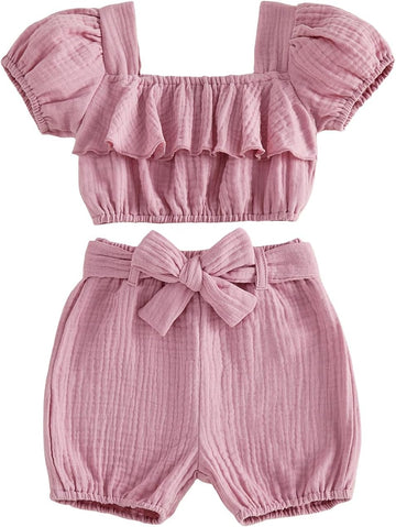 Baby Girl Summer Clothes Toddler Outfit Linen Short Sleeve Ruffle Shirt Crop Top and Belted Shorts 2 Piece Set