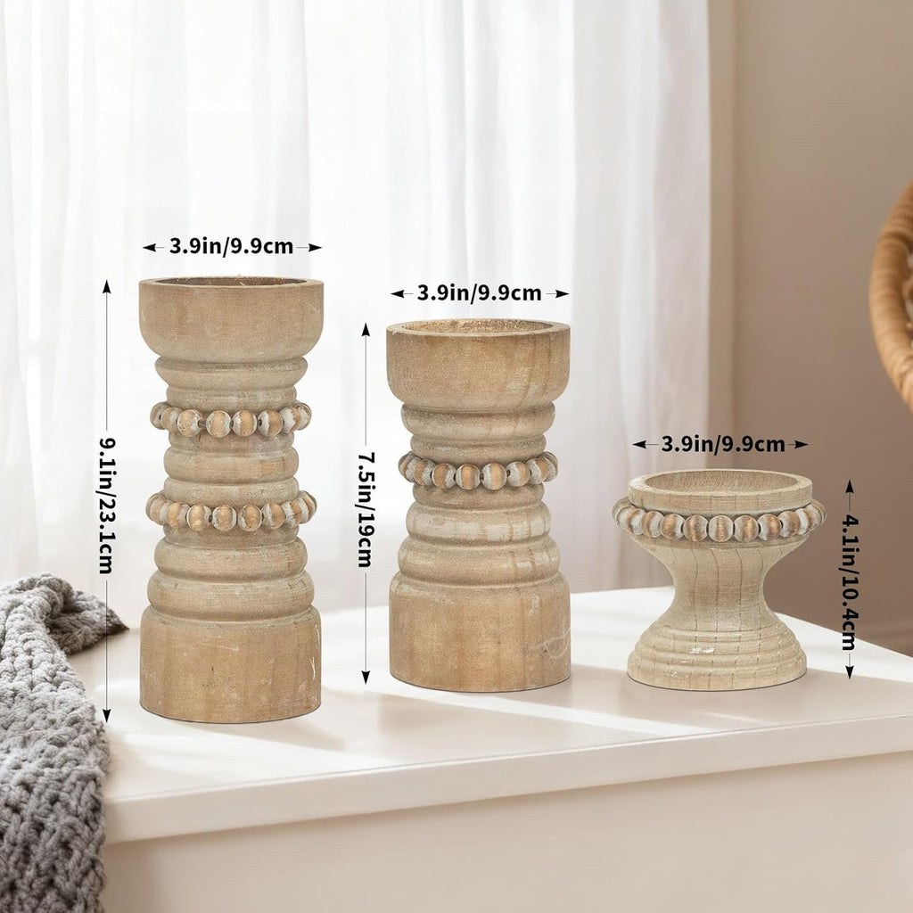 Rustic Natural Wood Candle Holders Set of 3, Farmhouse Beaded Wood Pillar Candle Holder, Candle Holders for Pillar
