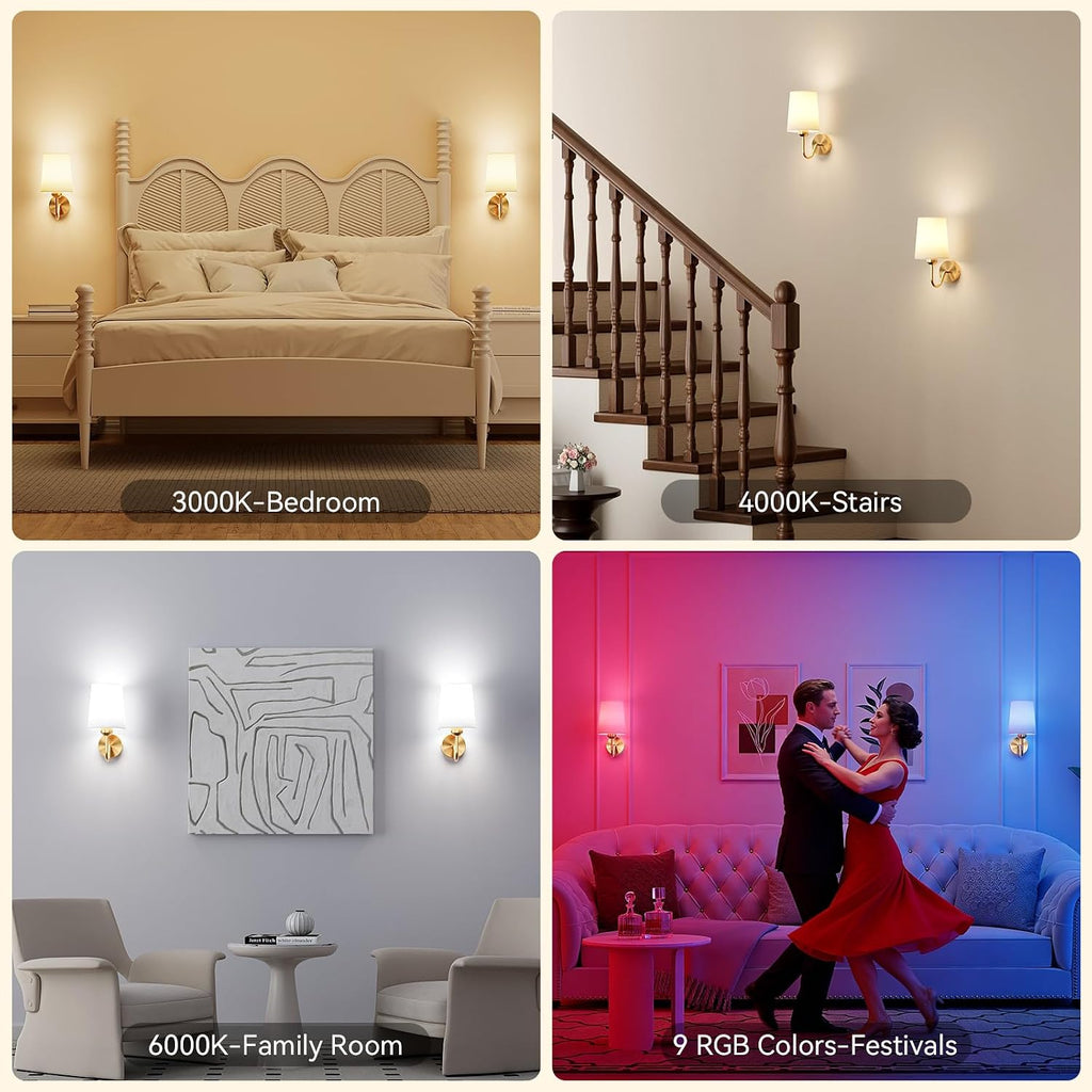 Battery Operated Wall Sconces Set of 2, Wireless Rechargeable Dimmable Wall Light with RGB Bulb and Remote for Bedroom, Living Room, Hallway (Gold)