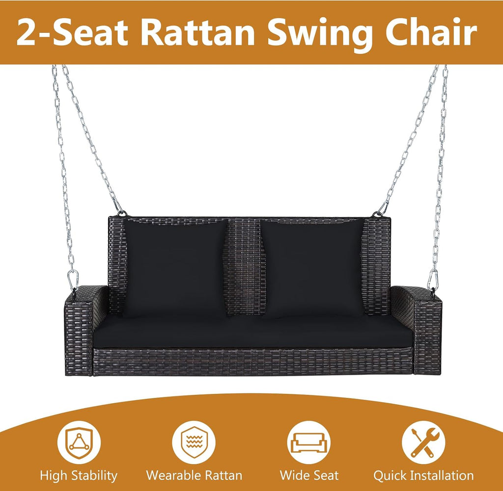 Hanging Porch Swing, 2-Person Outdoor Wicker Swing Chair Bench with Cushions, 7.9Ft Steel Chains for Garden