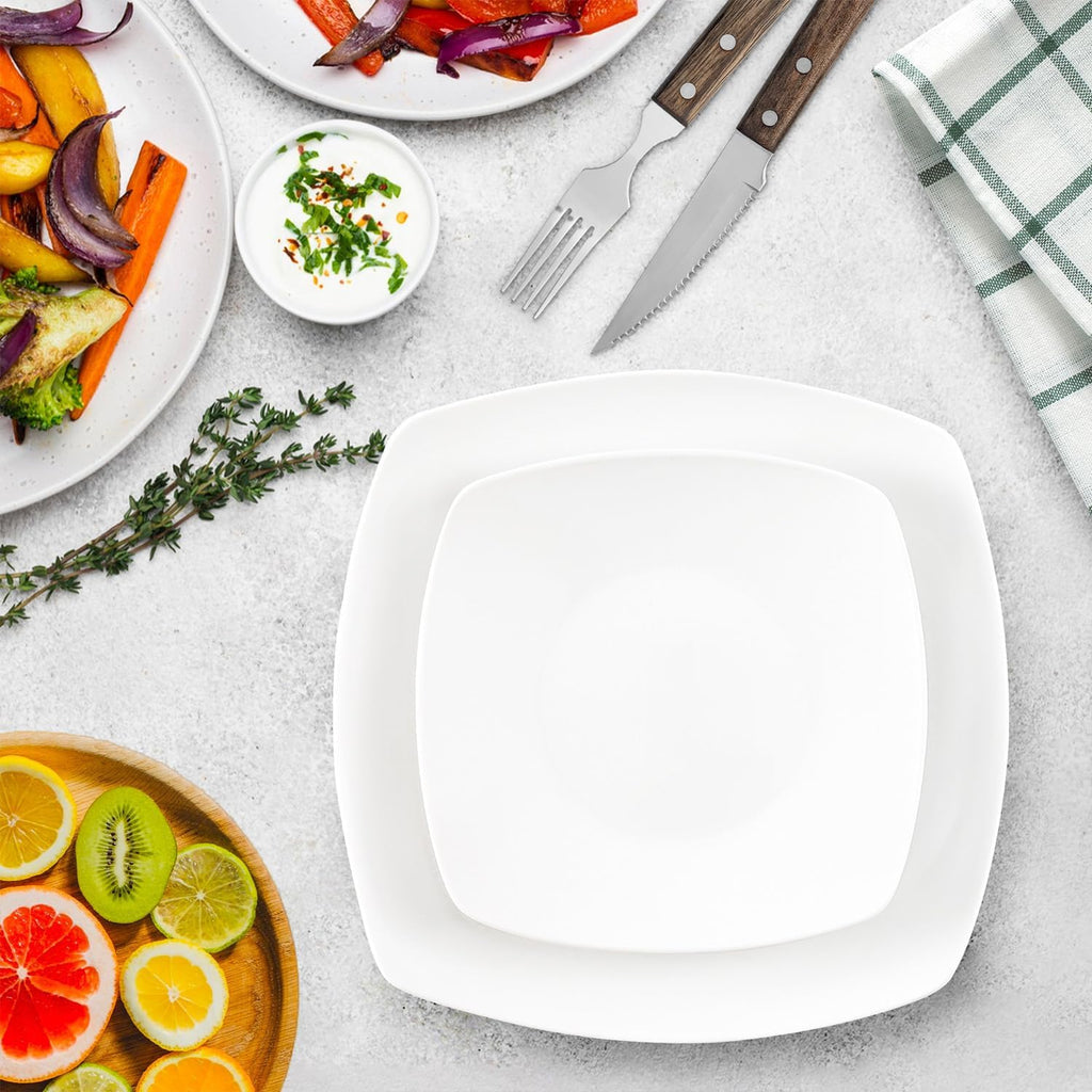 Luna Plates and Bowls Sets, 16 Piece Modern Porcelain Dish Set for 4, Chip and Scratch Resistant Square Dinnerware Set