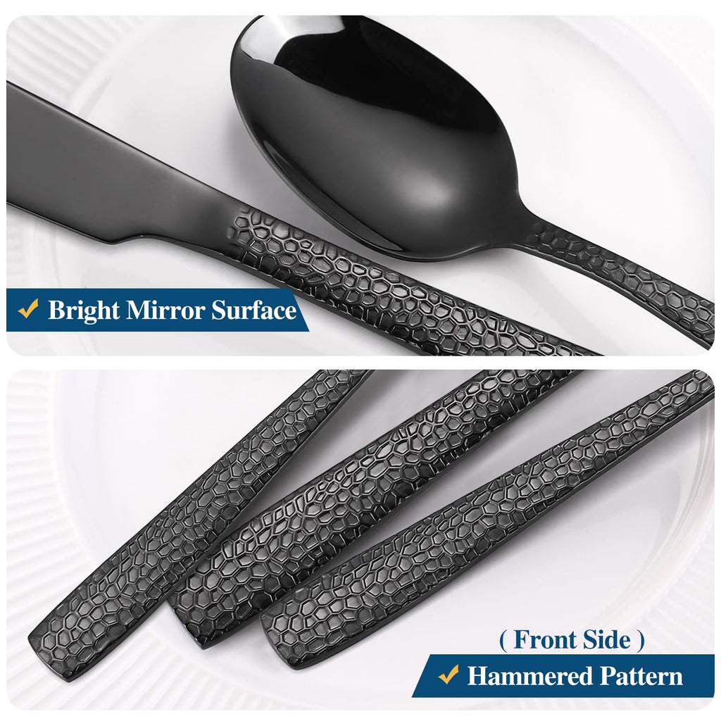 20 Piece Black Modern Flatware Set Hammered Silverware Set Stainless Steel Fine Vintage Dining Cutlery Utensil Set