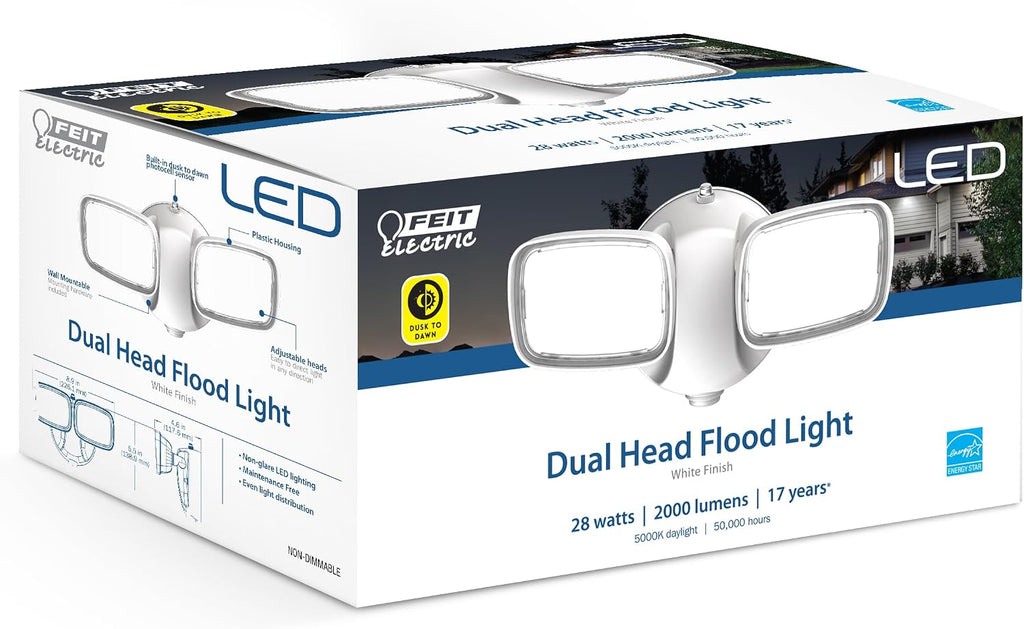Electric 28W Dusk to Dawn Dual Head Outdoor LED Security Flood Light, 2000 Lumens, 5000K Daylight, Adjustable Heads