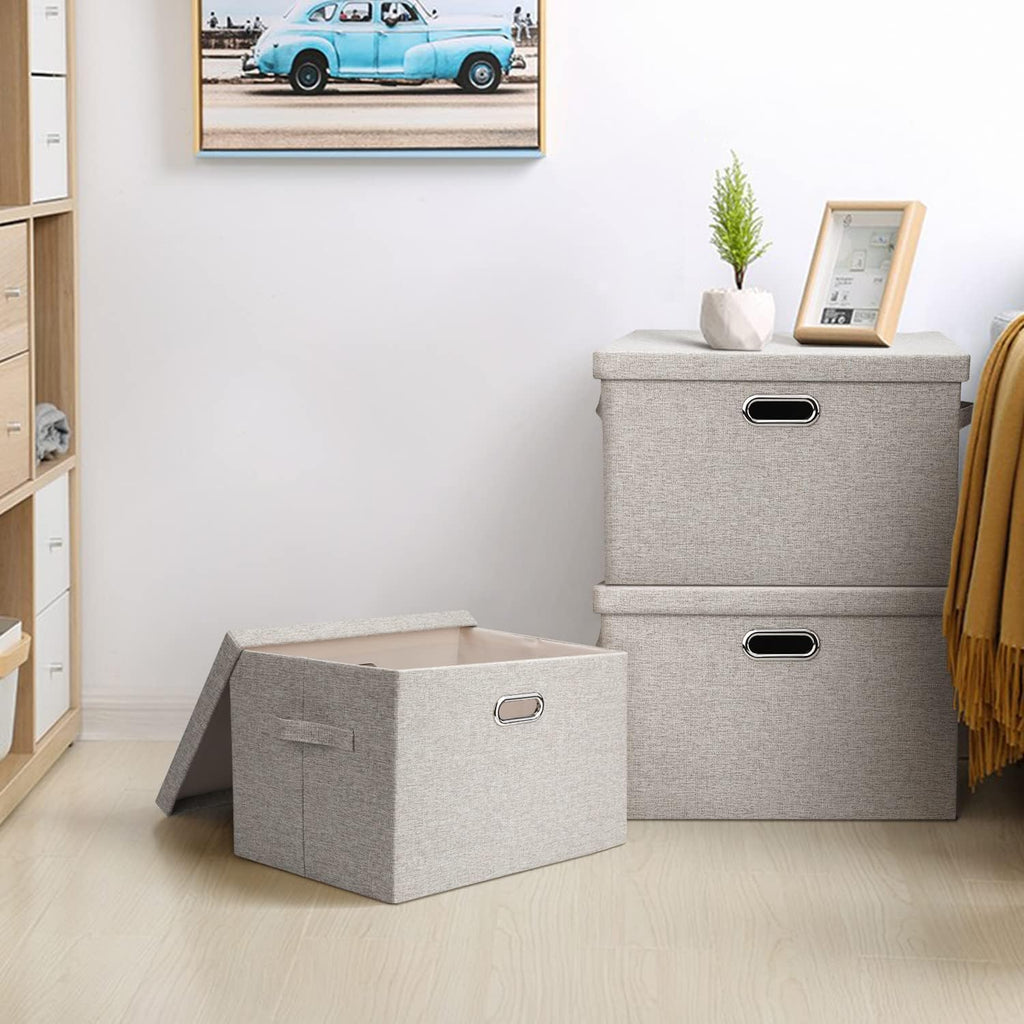 Large Quart Collapsible Stackable Storage Bins with Lids, 3 Packs Beige Linen Fabric Closet Boxes with Lids, Storage