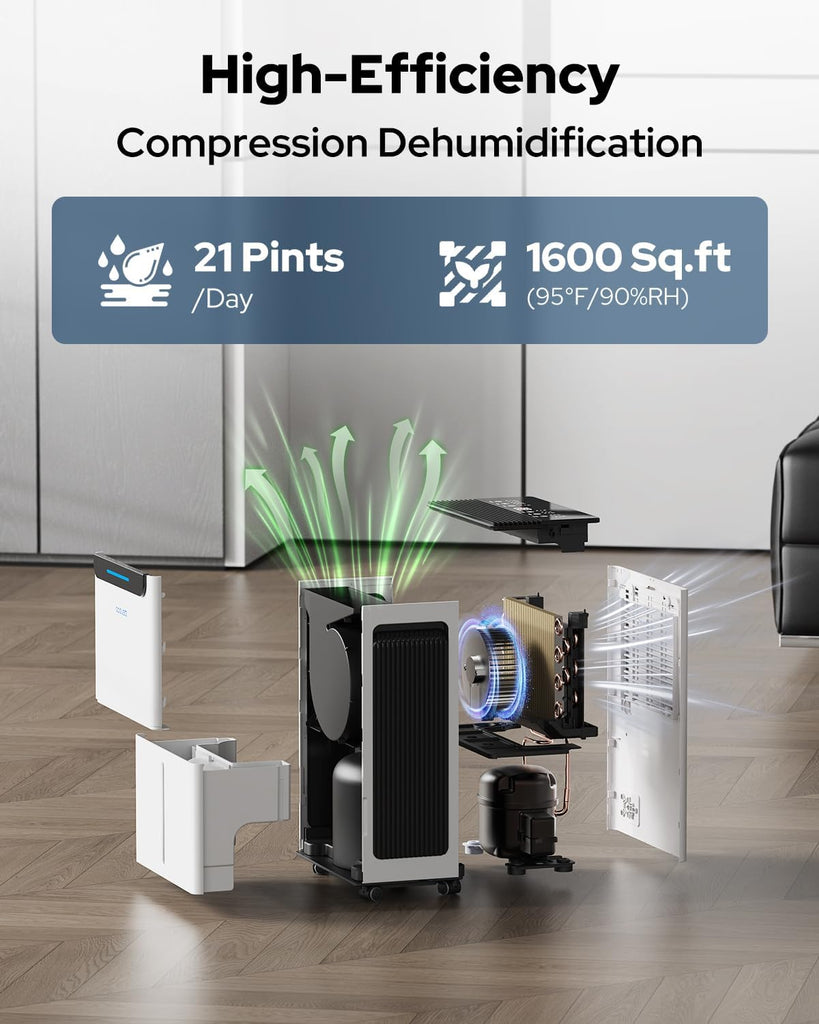 1600 Sq.ft Dehumidifier for Basement - 21 Pints, Drain Hose & Humidity Control Large Room Dehumidifiers for Home, RV
