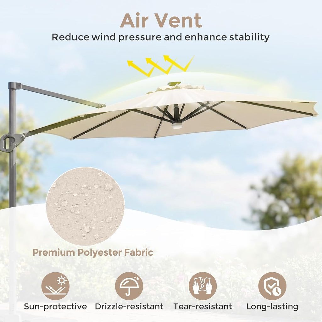 10ft Patio Umbrella with Solar Lights, Offset Cantilever Square Outdoor Umbrella with 35 LED Lights, Aluminum Pole