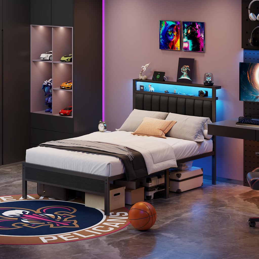 Full Bed Frame with Charging Station and LED Lights, Platform Bed with Metal Slats
