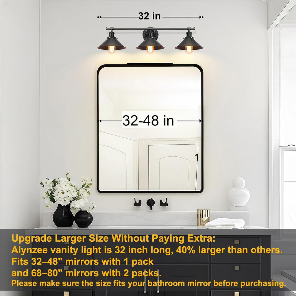 Upgrade Black Farmhouse Bathroom Light Fixtures, Vanity Lights | 32" Larger Size, Solid Metal Shade, Matte Black