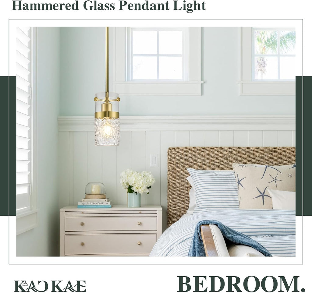 Glass Pendant Light Kitchen Island Brush Gold Modern Pendant Light Fixture with Water Ripple Glass 1-Light Mini