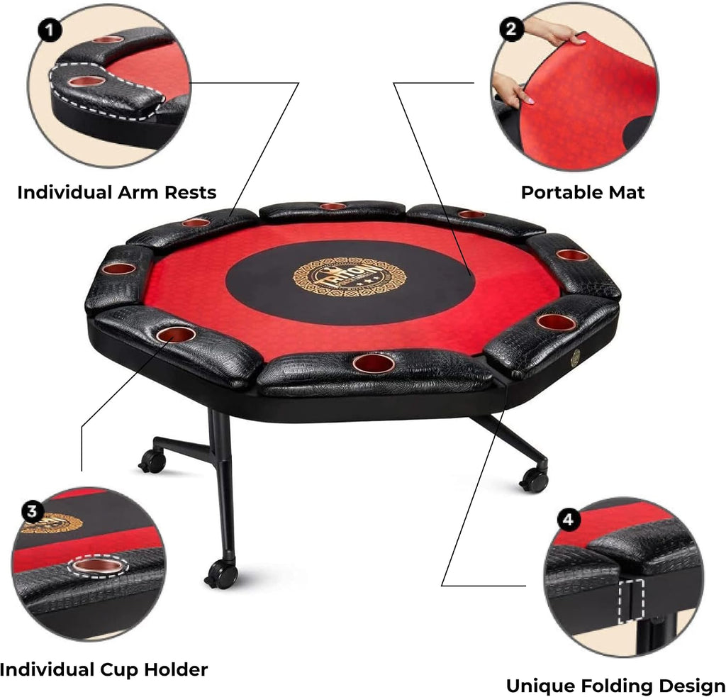Triton Foldable Poker Table with 8 Chairs and an Additional Mat- Premium Soft-Padded Armrest, Individual Cup Holders