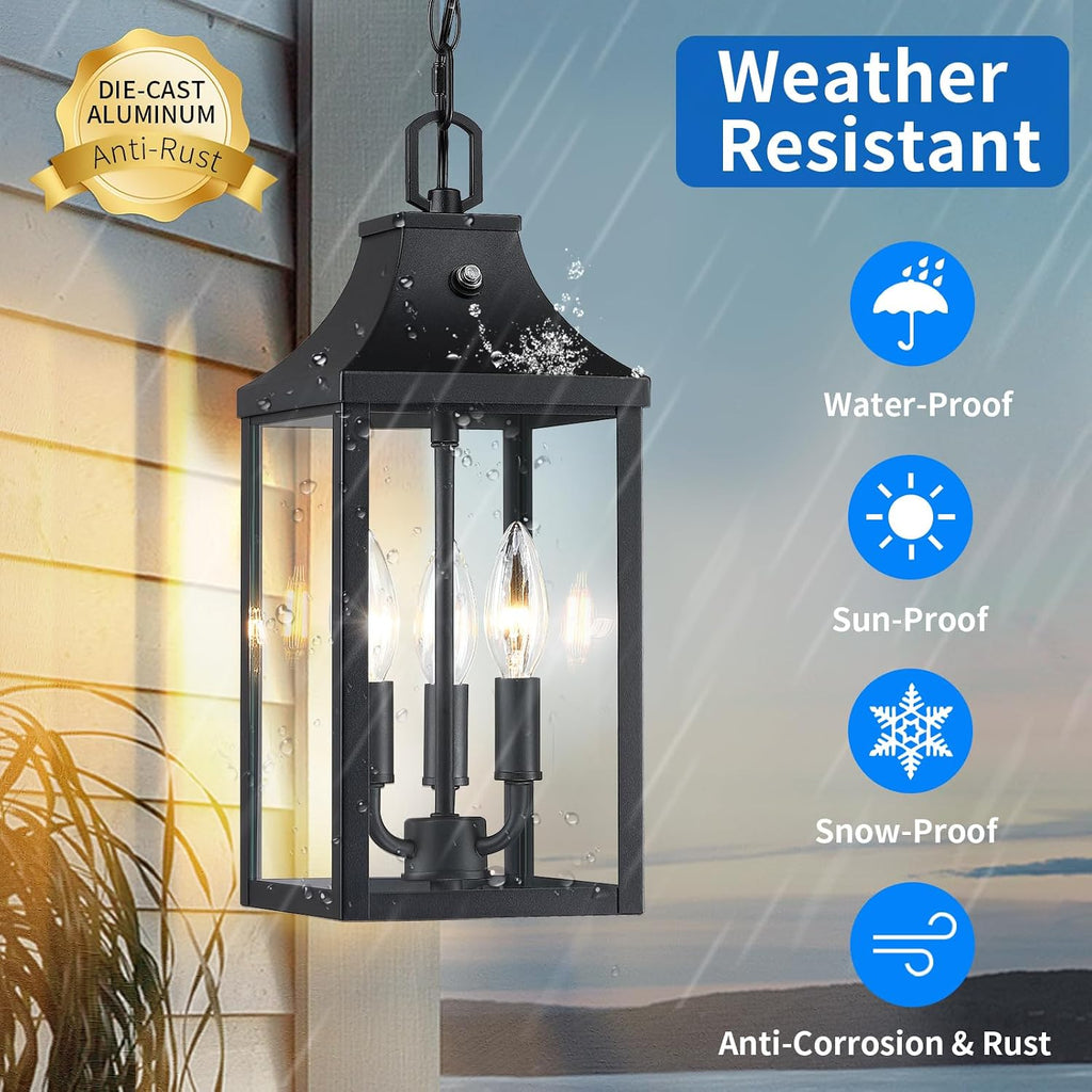 Large Outdoor Pendant Light Fixtures 3-Light, 15'' Dusk to Dawn Exterior Hanging Lantern Porch Light Adjustable