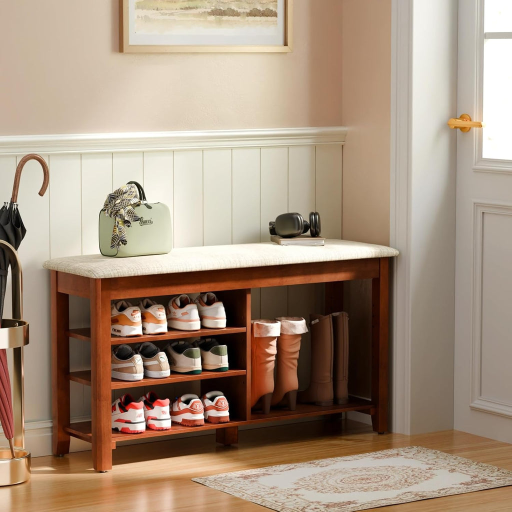 Shoe Rack Bench with Flip-Top Storage, Solid Wood Entryway Bench with Cushion, Adjustable Shelf, Shoe Organizer for