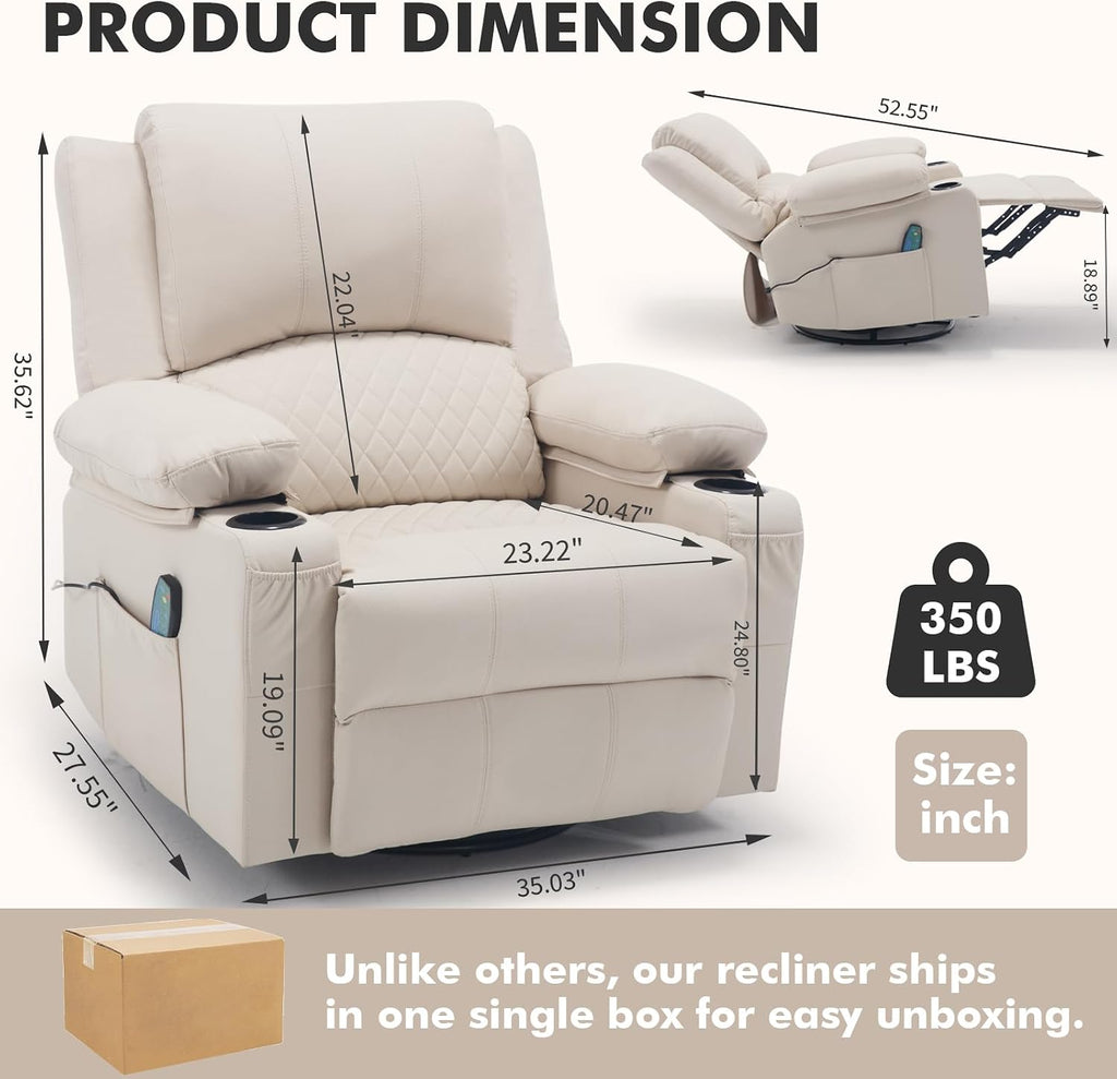 Leather Swivel Rocker Recliner Massage Nursery Rocking Glider Chair, White | Wide Seat, Overstuffed, Cup Holders