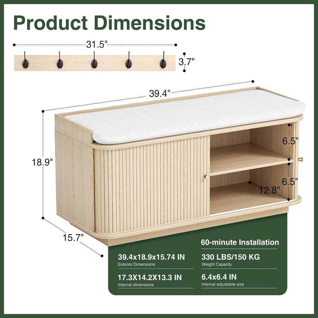 Hall Tree with Bench and Shoe Storage, Entryway Bench with Sliding Door Cabinet, Removable Padded, Metal Wall Hooks