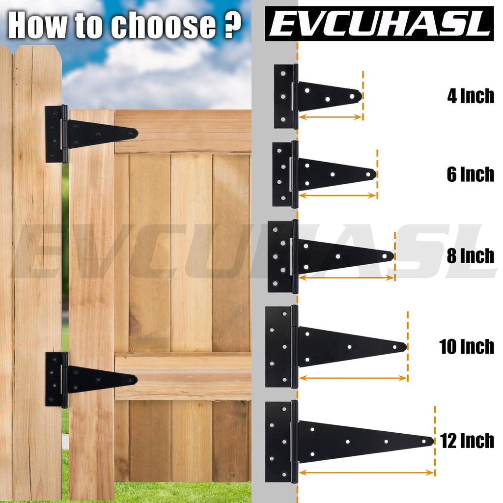 8 Inch T-Strap Gate Hinges, Shed Barn Door Hinges Heavy Duty, Black Tee Hinges for Wooden Fences, Yard Gate, Wrought