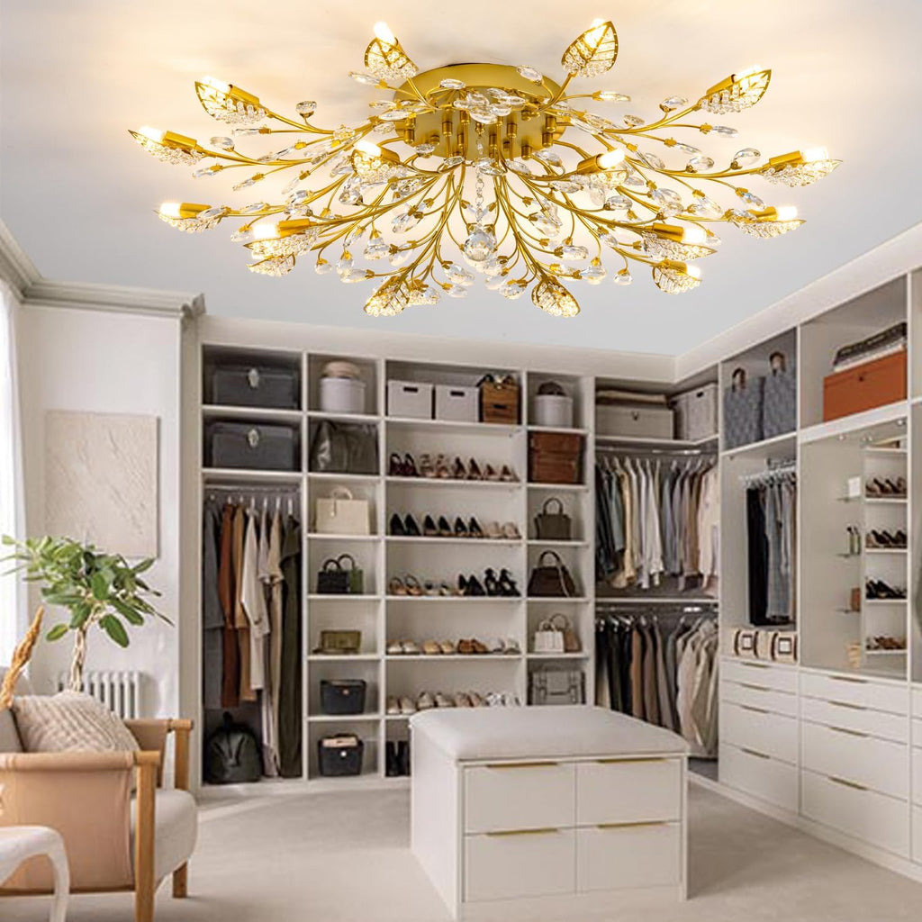 Modern Crystal Ceiling Light Fixture,Gold Semi Flush Mount Chandeliers,Crystal Leaf Ceiling Lighting,Pendent Lamp
