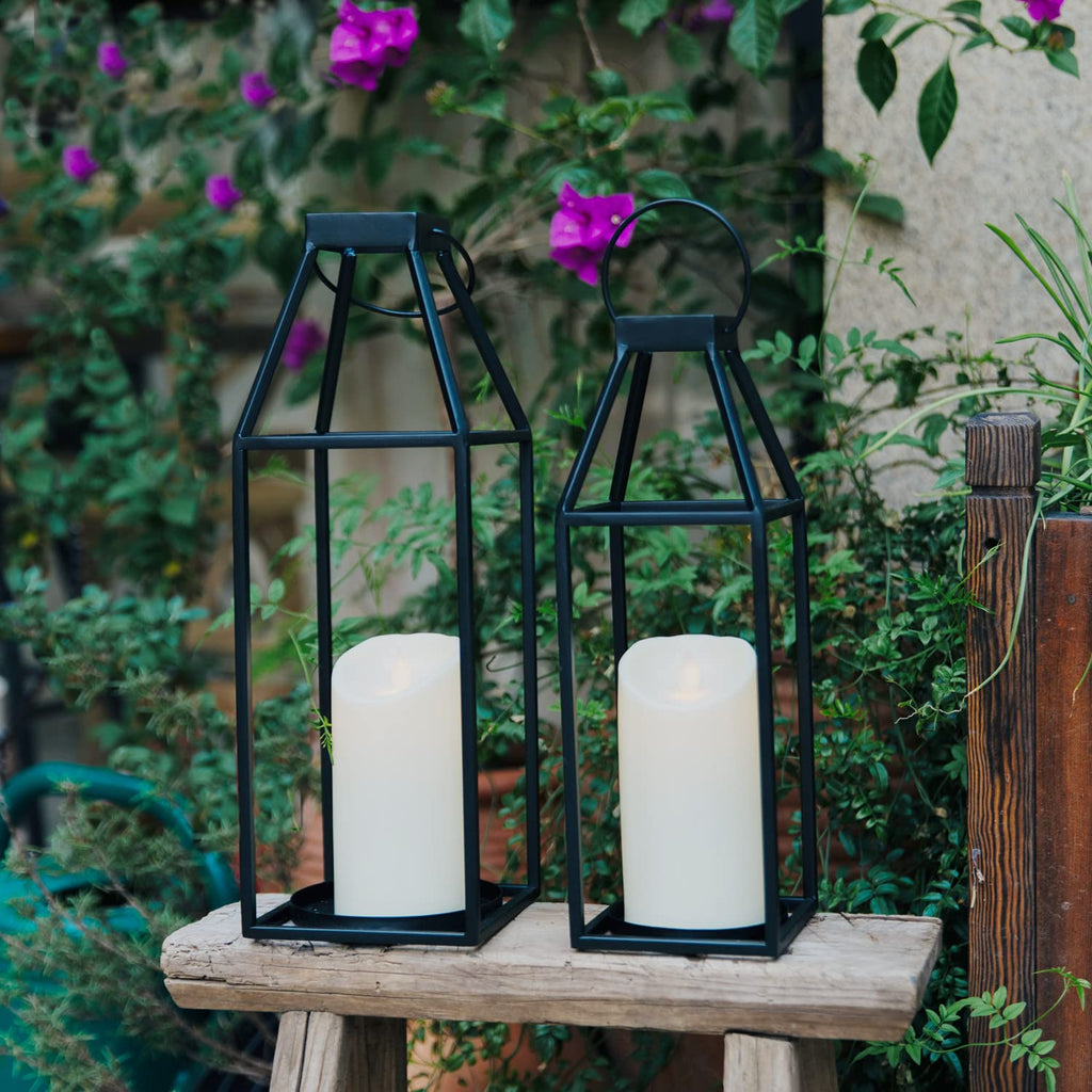 HPC Decor Black Metal Candle Lanterns Set of 2- Lanterns Decorative with Flickering Timer Candles- 17.4'' & 15''