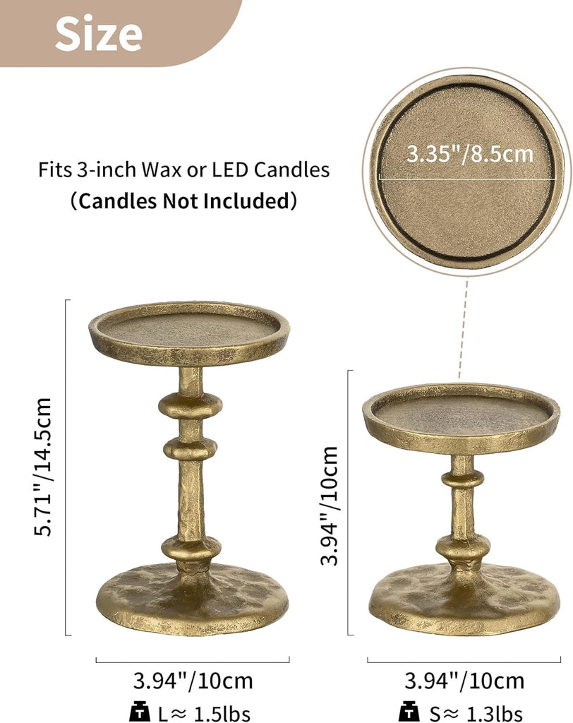 Gold Candle Holders for Pillar: Antique Brass Cast Iron Candle Stand | Handcrafted Hammered Decor for 3 Inch Pillars