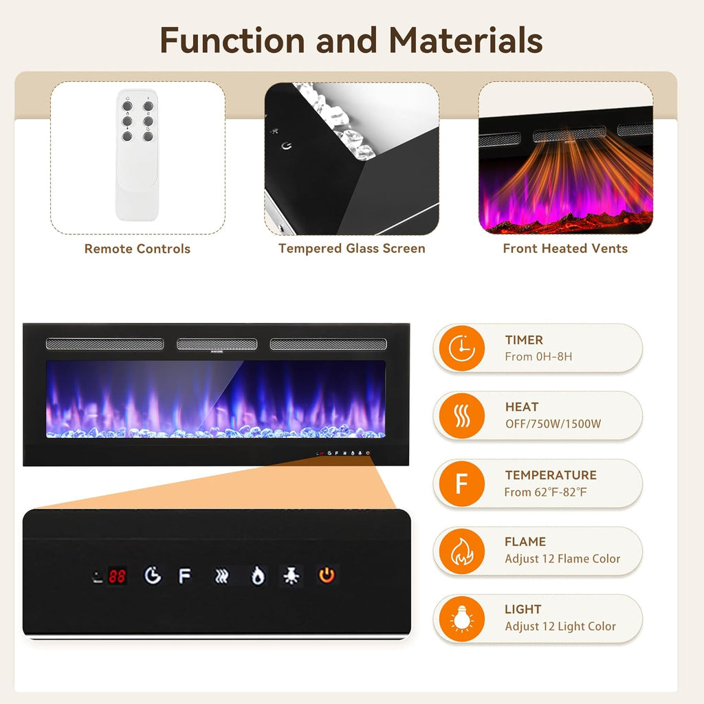 80 Inch Modern Fireplace TV Stand for Living Room, Entertainment Center with 50 Inch Electric Fireplace, Adjustable TV Console and 12-Color LED Lighting, Black