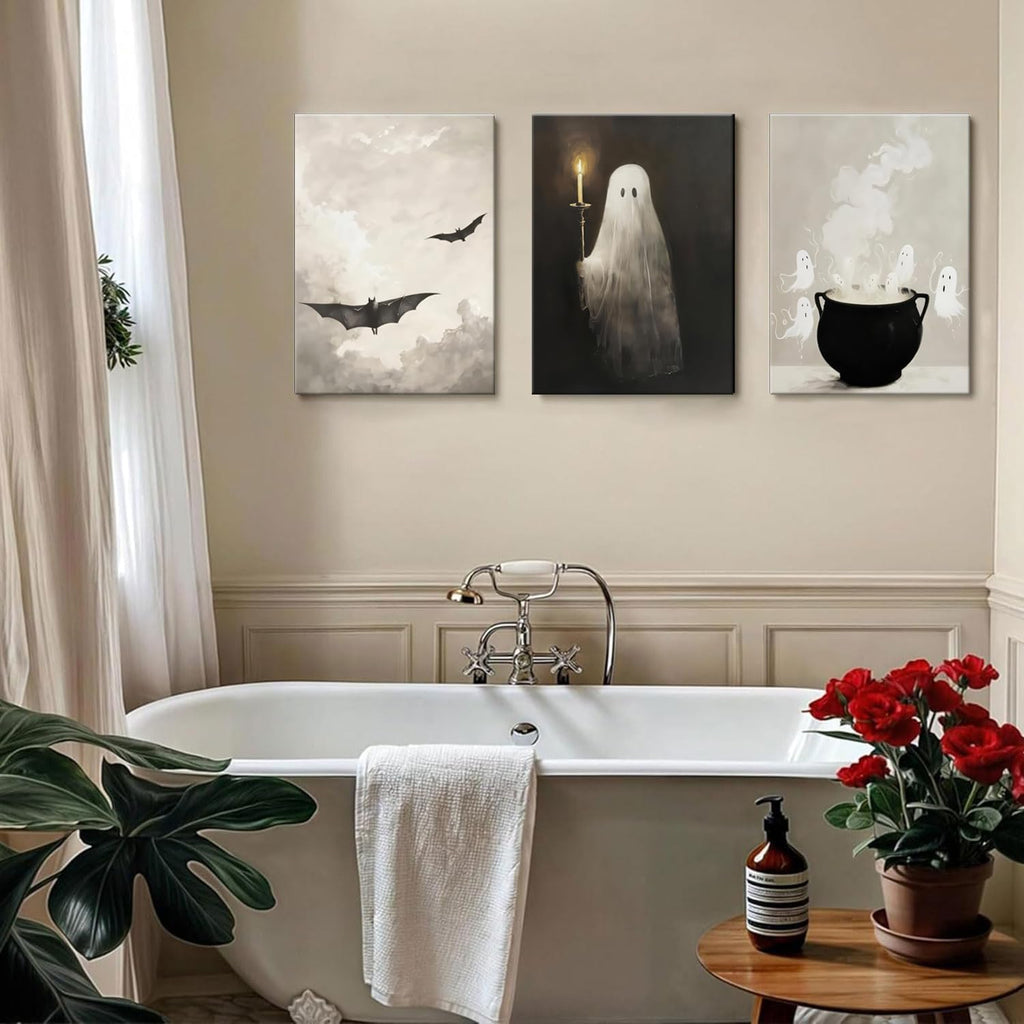 Fall Halloween Wall Art Set of 3, Vintage Halloween Ghosts Canvas Painting Wall Decor, Ghost Bat Funny Spooky Gothic