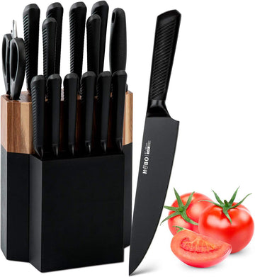 Knife Block Set, 15 Piece Kitchen Knife Set with 6 Steak Knife Set with Sharpener Chef Knife High German Carbon