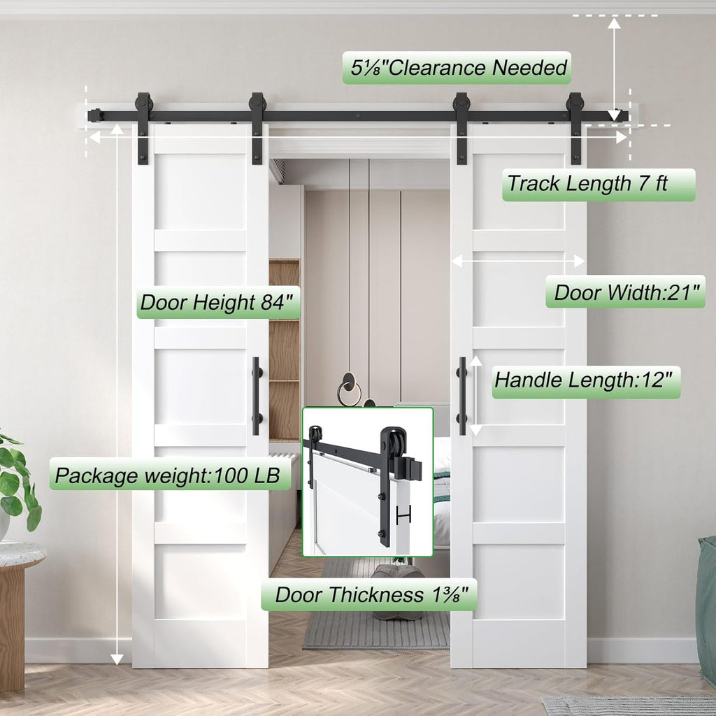 Double 21inx84in White Barn Door and 7FT Sliding Barn Door Hardware Kit Included,Solid,MDF, PVC Surf