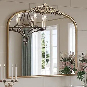 Arched Antique Gold Mantel Wall Mirror, 36"X30" Large Vintage Gold Ornate Mantle Mirror, Wide Brass Mirrors Over Sink,