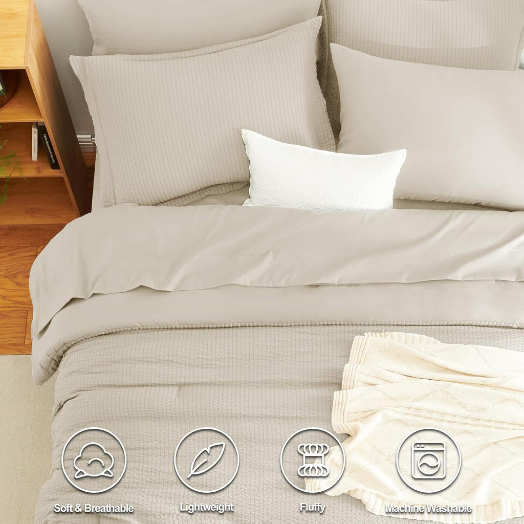Queen Comforter Set Beige - 7 Pieces Striped Seersucker Bed in a Bag
