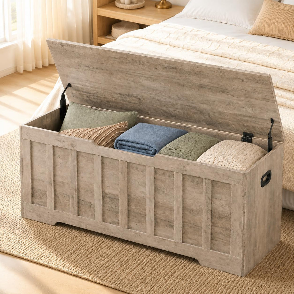 47.2" Storage Chest , Extra Large Wooden Storage Trunk with 2 Safety Hinges, Entryway Storage Bench, Blanket Chest