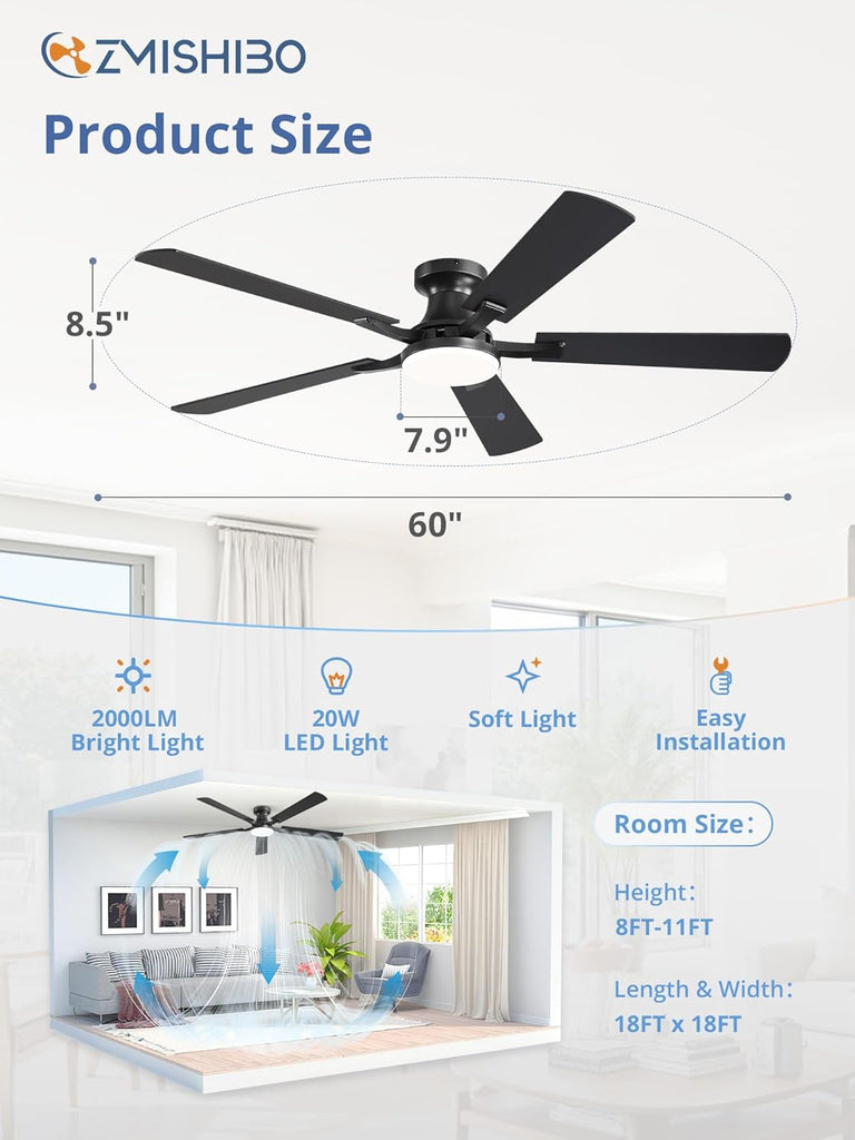 60 Inch Ceiling Fan with Light, App&Remote Control, Flush Mount Low Profile, Dimmable 20W LED Light, Quiet Reversible Motor for Bedroom, Living Room, Apartment, Black