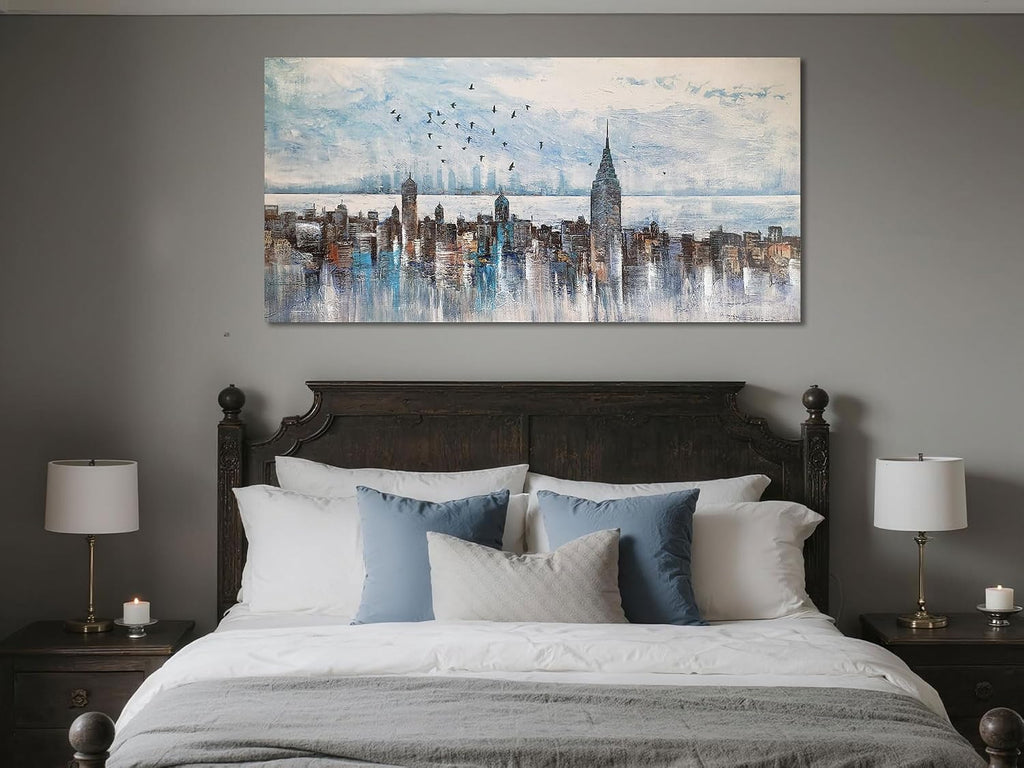 Cityscape Wall Art New York City Skyline Canvas Picture Living Room, Modern Abstract Grey NYC Painting Framed Artwork