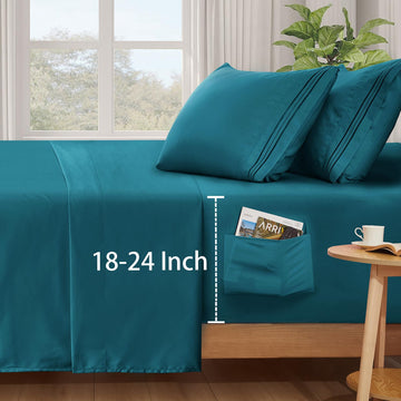 4 Piece Extra Deep Pocket King Sheets Set, Teal