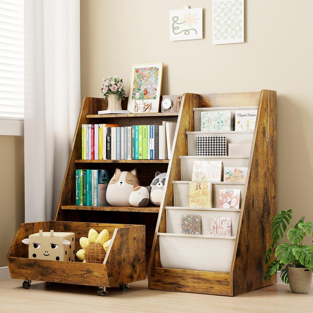 Kids Bookshelf and Toy Storage, 4 Tier Toddler Bookshelf with Movable Drawer (Brown)