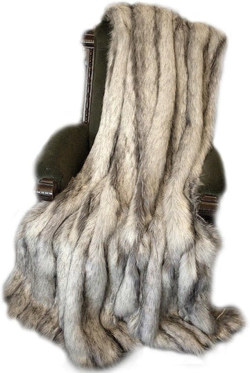 Plush Gray Stripe Fox - Premium Quality Faux Fur - Designer Throw Blanket - Soft Minky Cuddle Fur Lining (5'x6')