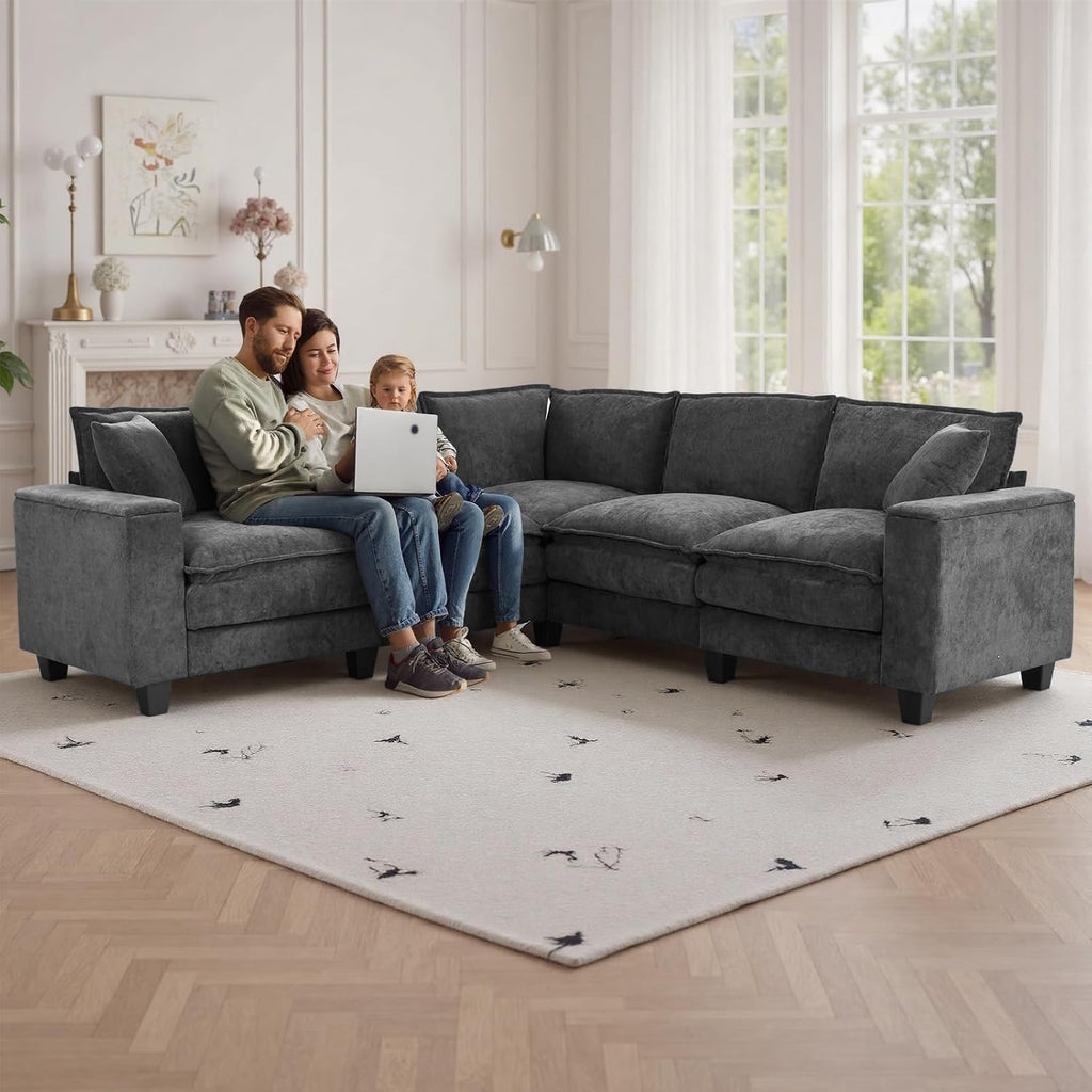 97" 5 Seater L Shaped Couch Corner Sofa, Oversized Cloud Couch with 2 Pillows Chenille Modular Sectional Sofa