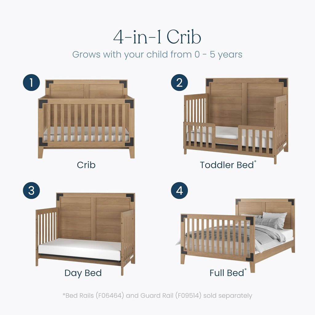 Lucas Design 4-in-1 Convertible Baby Crib Nursery Furniture Set - Baby Bed, Toddler Bed and Full Bed, 3 Adjustable